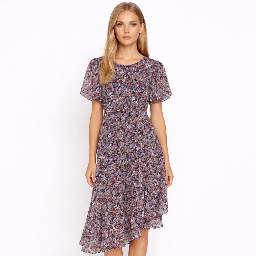 Astr the Label Flutter Sleeve Floral Asymmetric Maxi Dress Med Lined Purple Pink